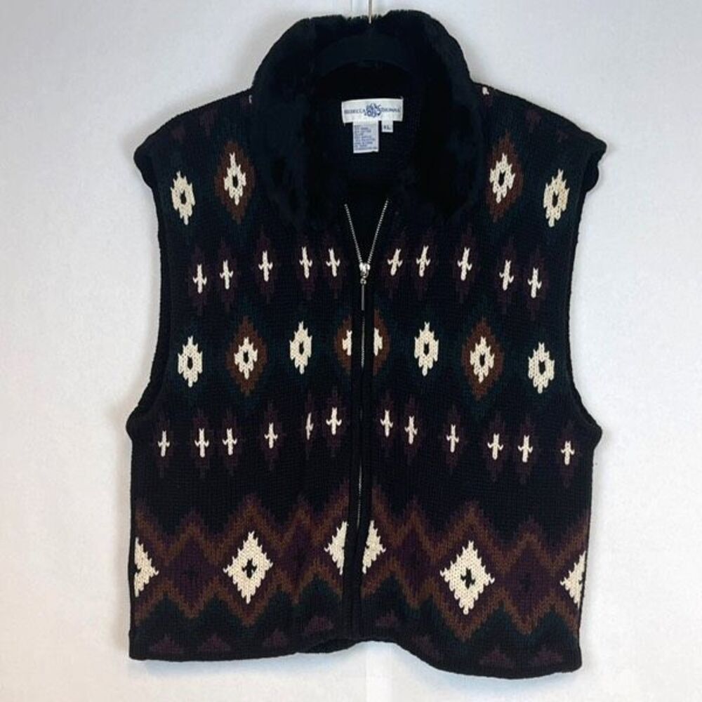 Rebecca Thomas‎ Sweater Vest Women's Faux Fur Collar Black Argyle Full Zip XL